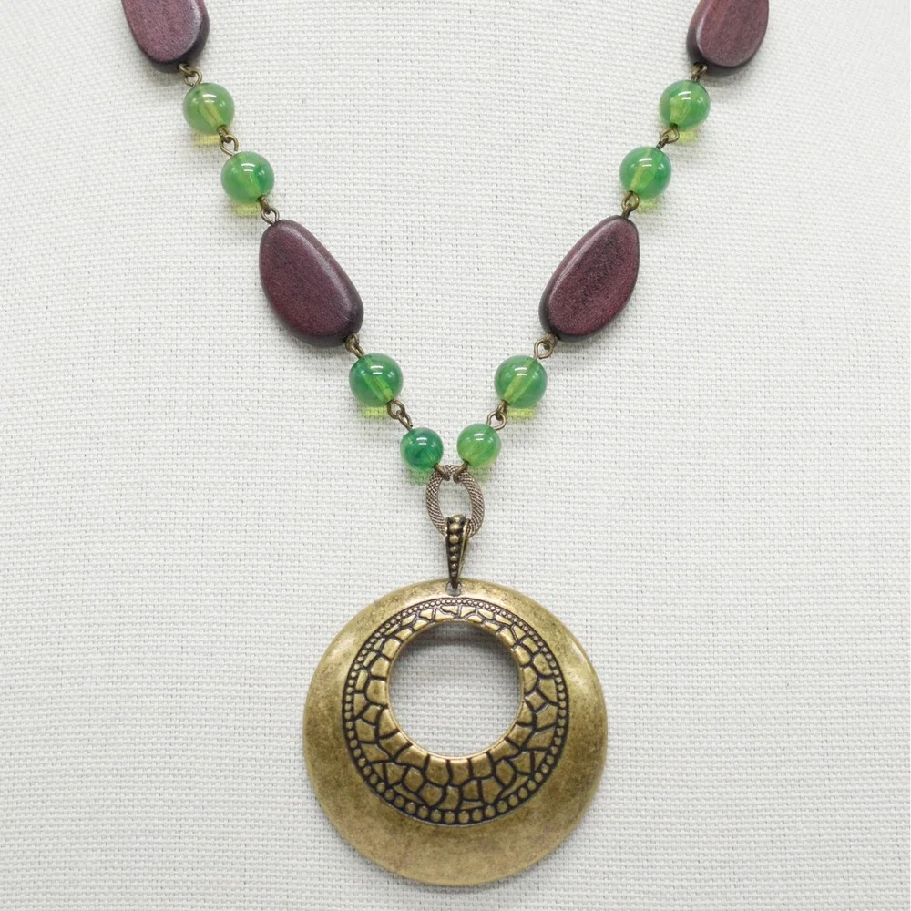 Disc Pendant Necklace Women OS Green Brown Boho Earthy Gorpcore